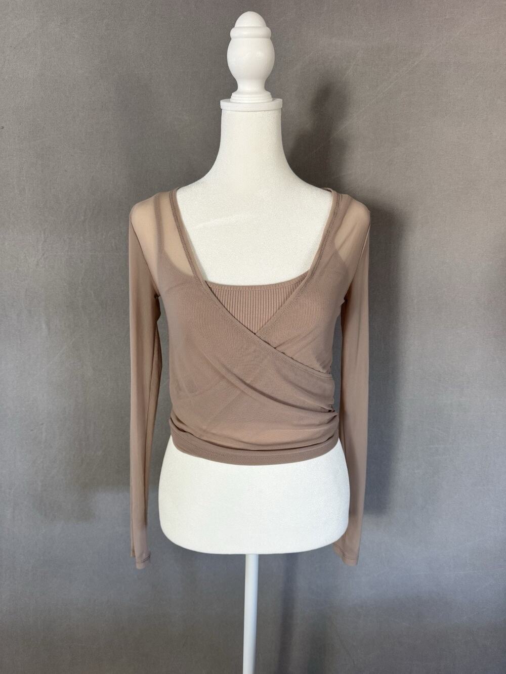 Forever 21 Nude Mesh Wrap Top Size S Long Sleeve Layered Ribbed Cami Y2K